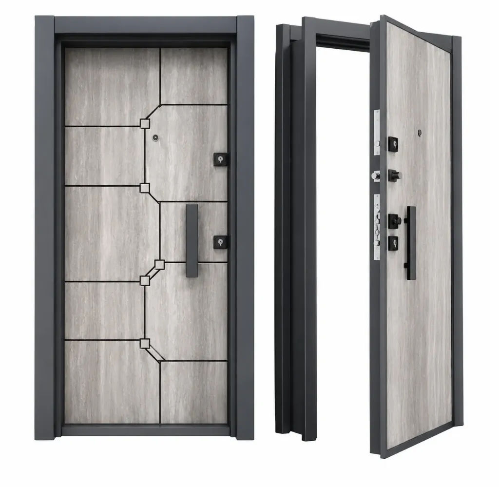 Laminox Series Light Grey Wood-Look Exterior Door with Geometric Panel Design