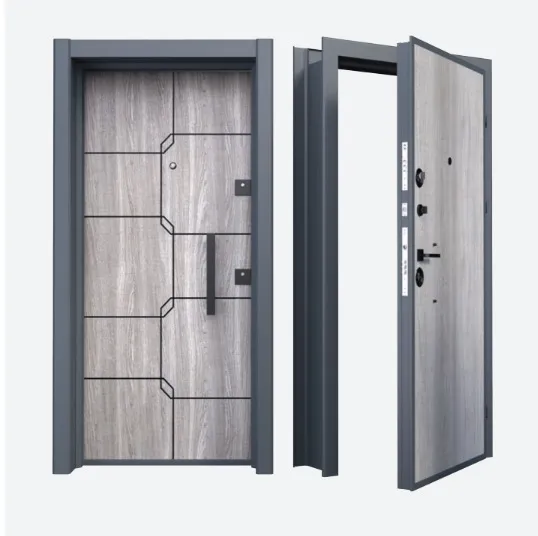 Porte extérieure Laminox Série aspect bois gris clair avec panneau géométrique