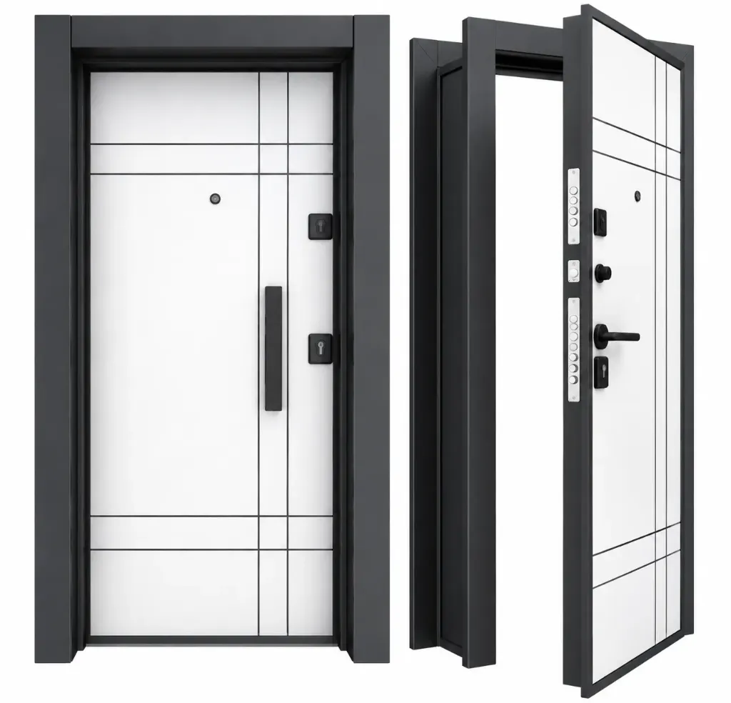 Porte extérieure Laminox Série BRG-1720 blanche et noire avec design géométrique