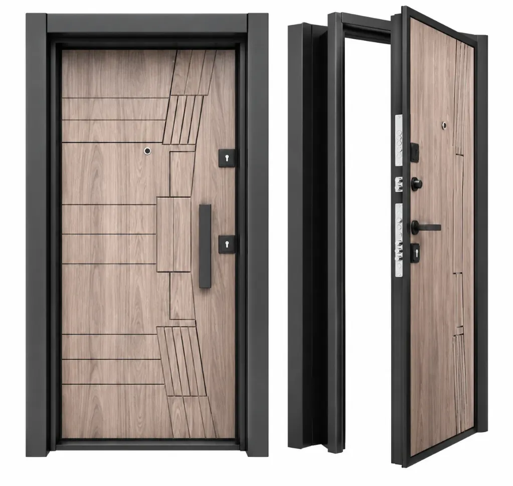 Porte extérieure Laminox BRG-1726 aspect bois avec cadre noir (droite)