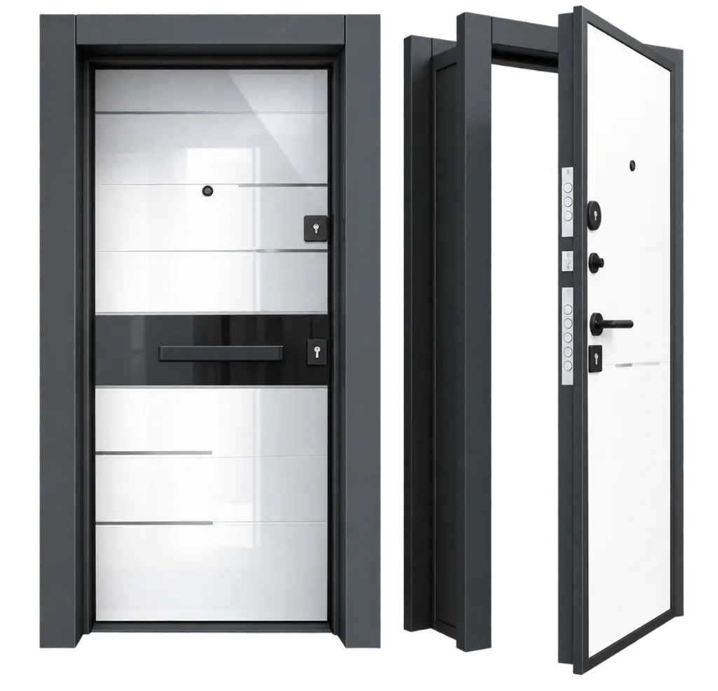 Porte extérieure blanche BRG-1801 de la série Ultram avec cadre foncé (droite)