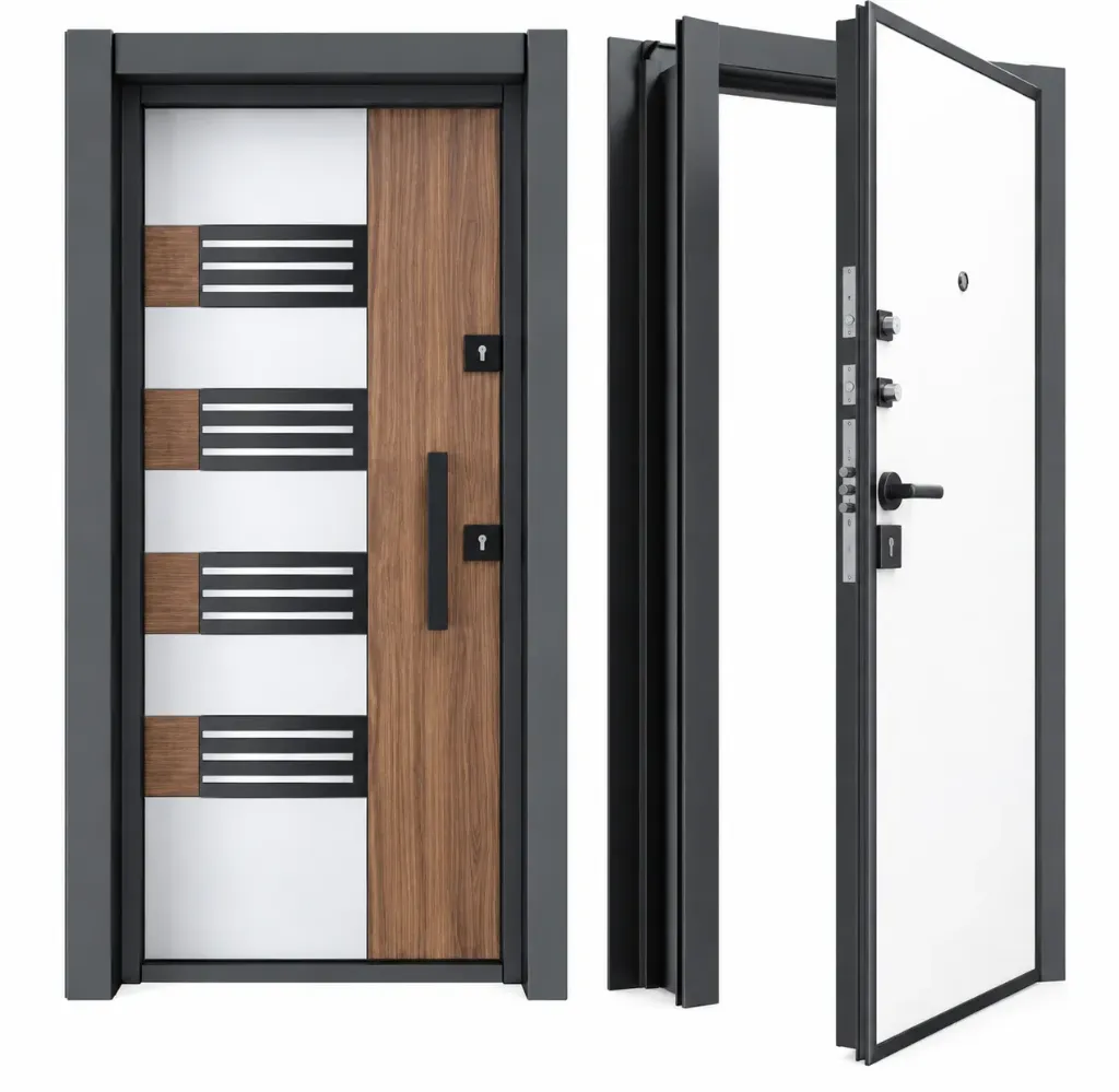 Ultram Series Exterior Door with Wood-Look Panel and Horizontal Accent Bands