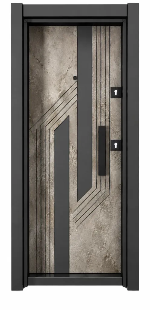 [BRG 2001GA] Porte extérieure série Laminox avec cadre sombre et design de panneaux géométriques (droite)