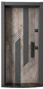 Porte extérieure série Laminox avec cadre sombre et design de panneaux géométriques