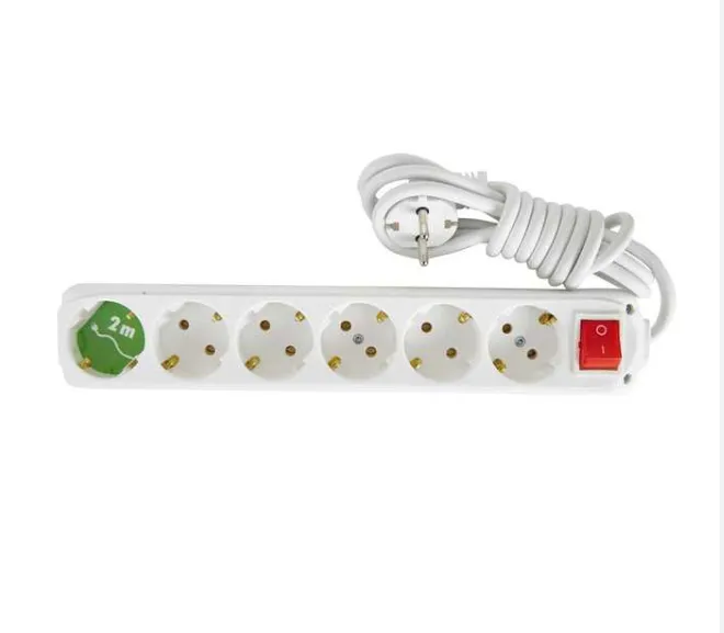[9260102] White 6 Gang Earthed Group Socket with 2 m Cord and Red Switch