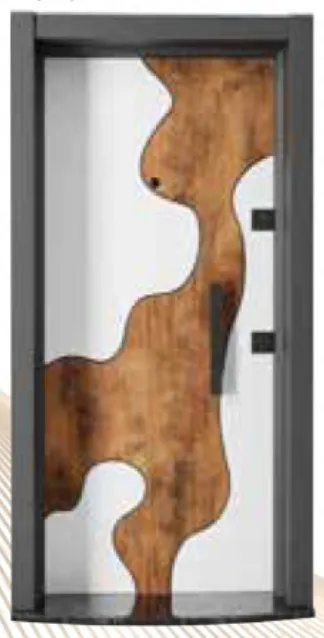 Porte extérieure série Laminox avec panneau décoratif effet bois et poignée noire