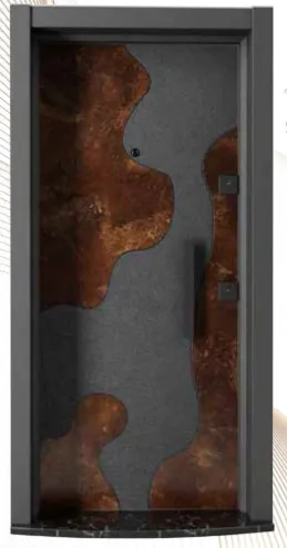 Laminox Series Abstract Panel Exterior Door with Dark Frame