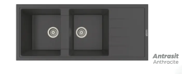 P-X116 Dark Granite Quartz 2 Bowl Sink with Right Drainer 116 x 50 cm (Anthracite)
