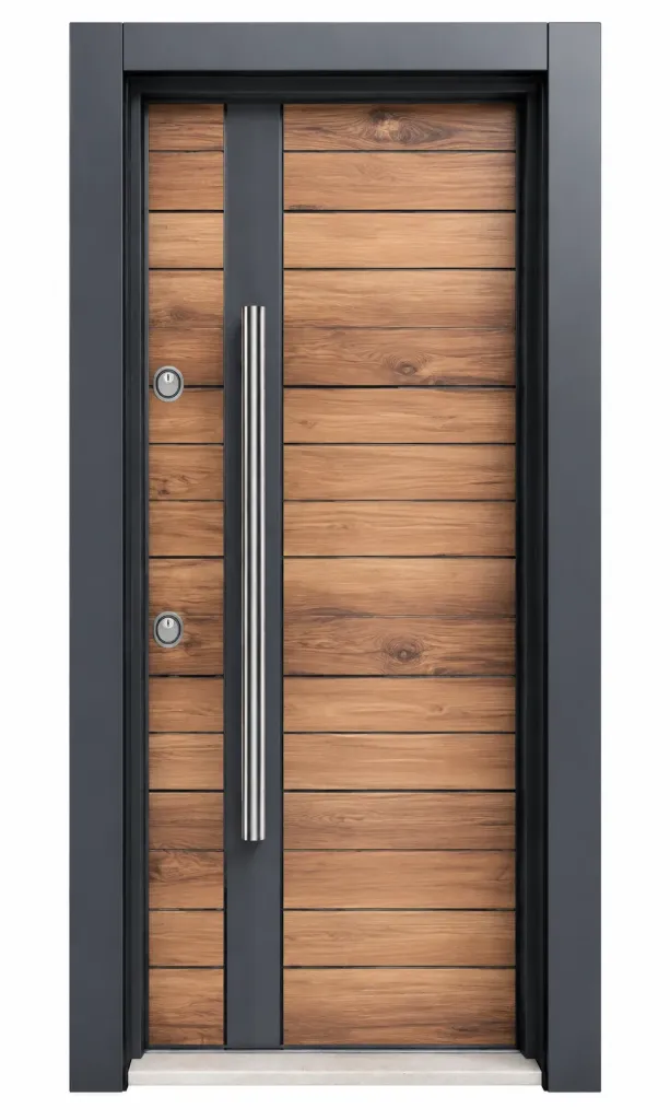 Porte extérieure en acier aspect bois avec poignée verticale longue
