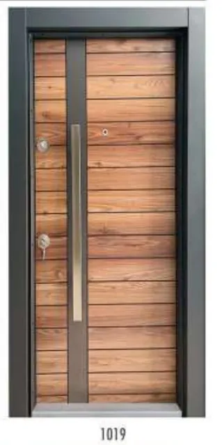 [1019] Wood-Look Steel Exterior Door with Long Vertical Pull Handle