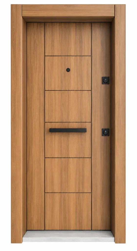 Porte extérieure en acier effet bois marron avec poignée horizontale