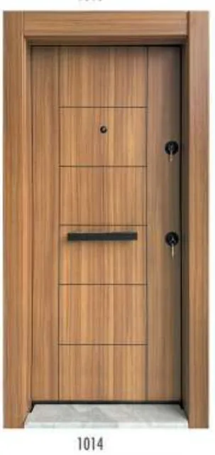 [1014] Porte extérieure en acier effet bois marron avec poignée horizontale