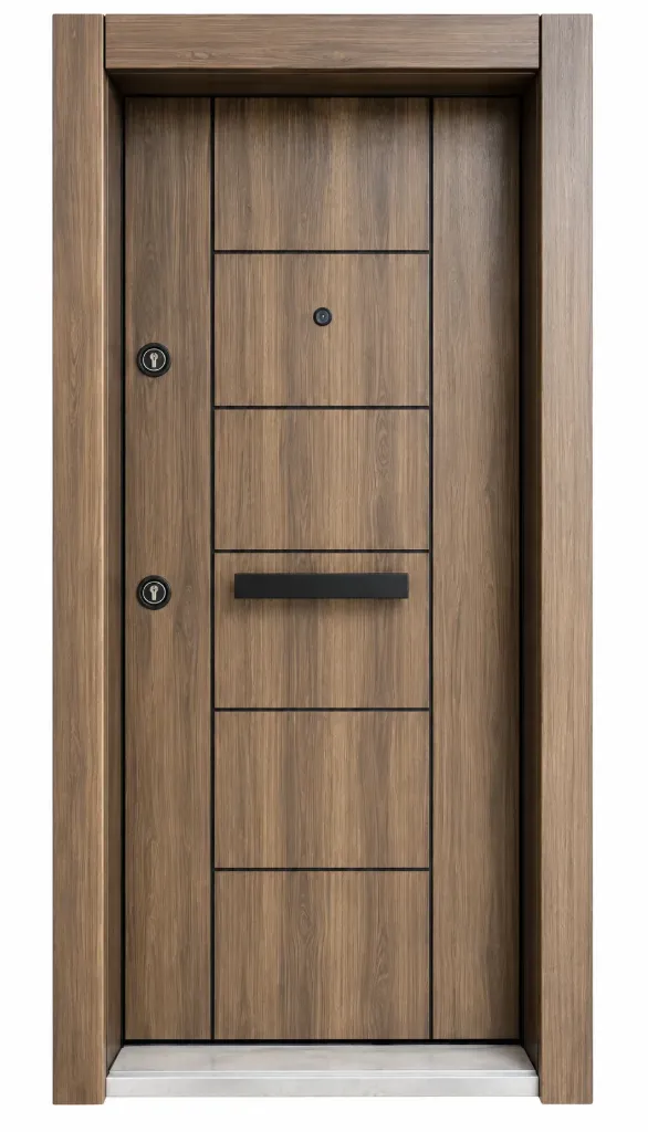 Porte extérieure en acier effet bois avec lignes horizontales de panneaux