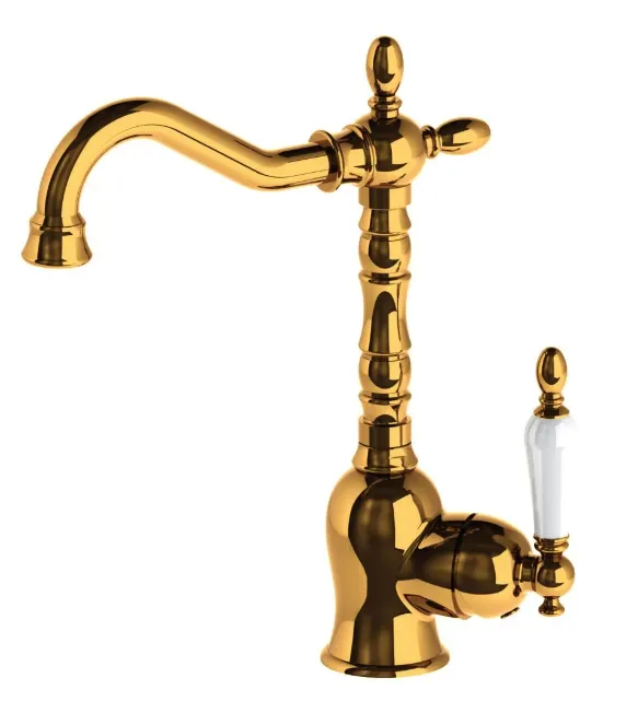 [MTL180-A] Gold-Coloured Retro Monoblock Curved Spout Wash Basin Faucet with Side Lever