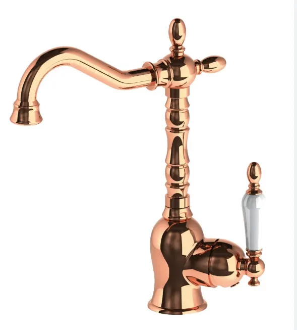 [MTL180-R] Robinet de lavabo monobloc rétro en or rose avec bec courbé et levier latéral