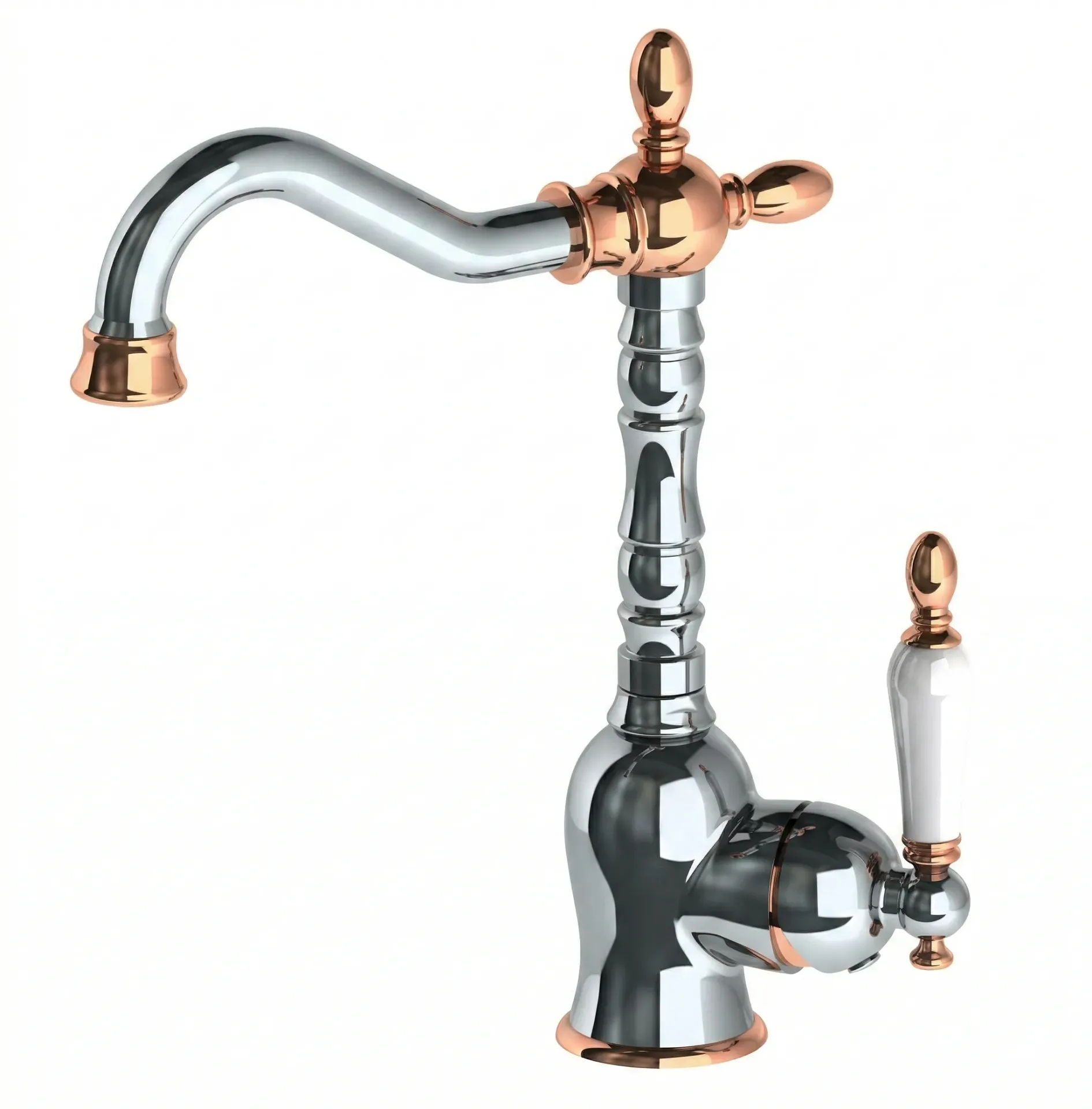 [MTL180-K-R] Robinet monobloc pour lavabo au style rétro argenté et ton cuivre avec bec courbé