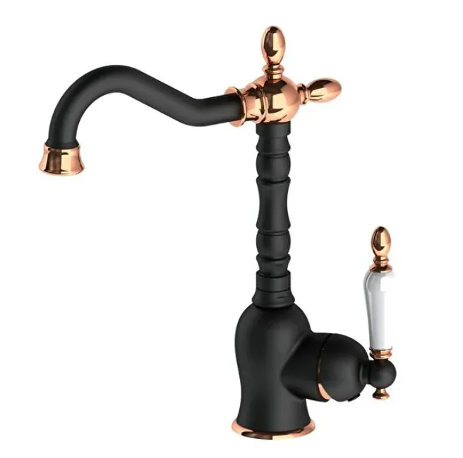 [MTL180-S-R] Robinet de lavabo monobloc rétro à bec courbé noir et ton or rose avec poignée levier