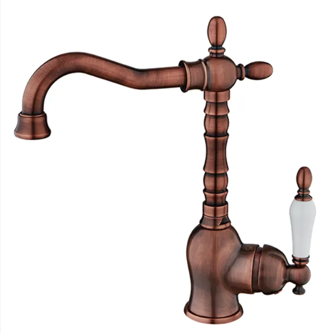 Copper-Coloured Retro Monoblock Curved Spout Wash Basin Faucet with Side Lever