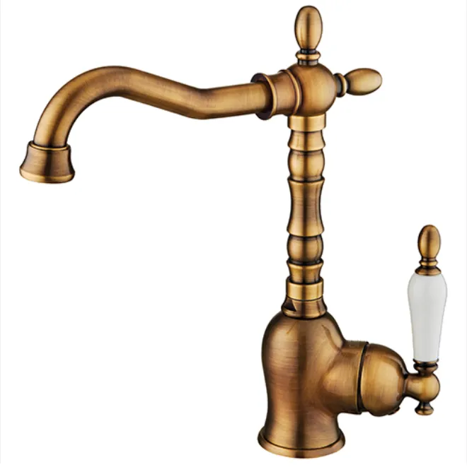 Retro Bronze-Tone Monoblock Wash Basin Faucet with Curved Spout