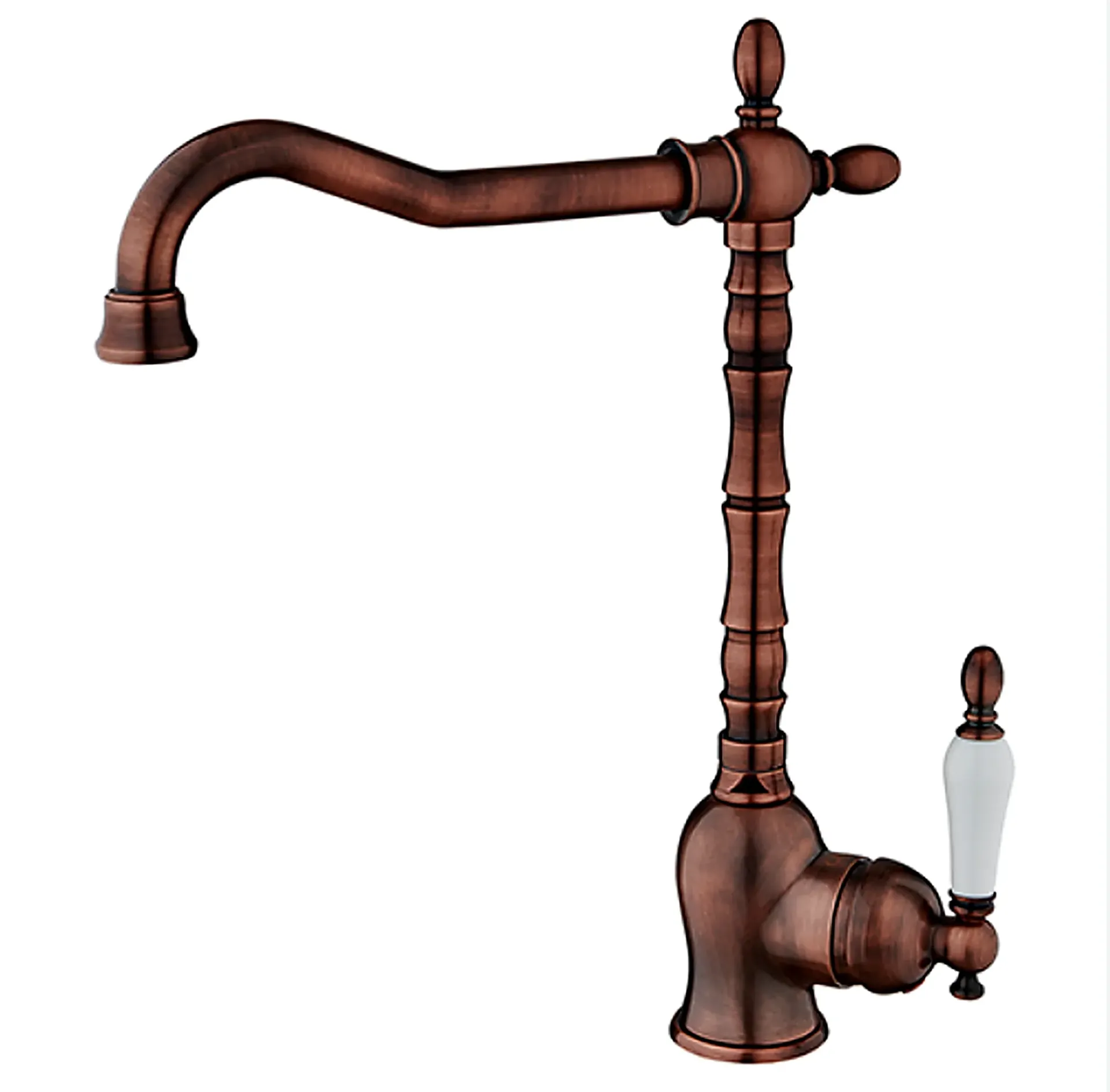 [MTE180-B] Robinet de lavabo monobloc rétro aspect cuivre antique avec bec courbé et poignée levier blanche