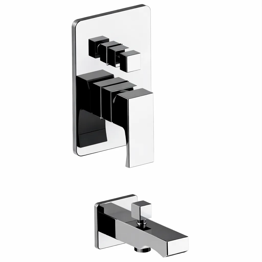 [MTA105] Robinet de salle de bain mural entièrement encastré Fuego aspect chrome avec bec rectangulaire