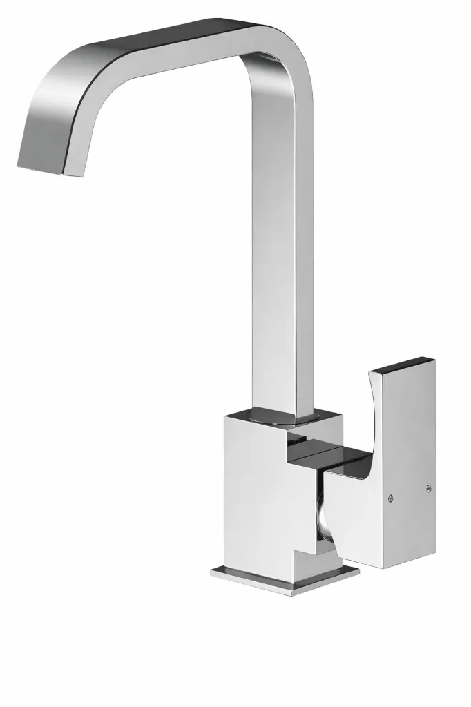 [MTE105] Robinet de lavabo monobloc Fuego à levier unique, aspect chrome, bec carré haut arc
