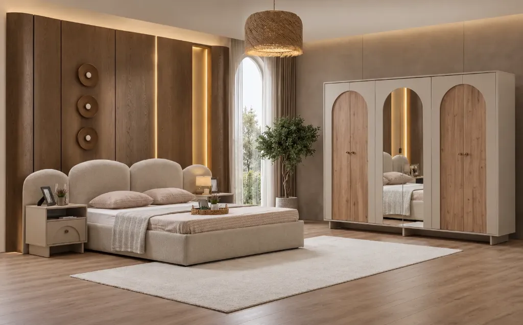 Ensemble de chambre Rena en grès avec armoire 6 portes et lit 150 x 200
