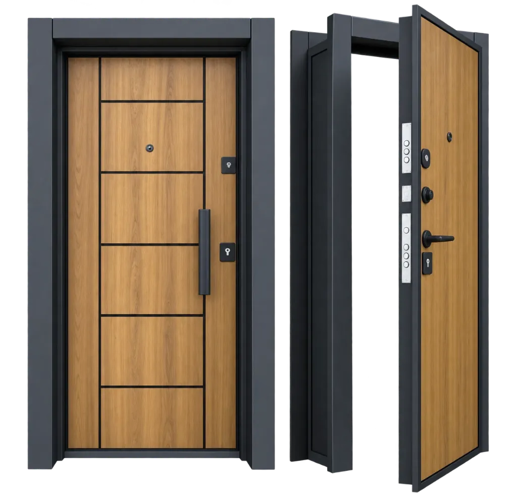 Porte extérieure BRG-1724 aspect bois avec cadre noir et design à panneaux horizontaux
