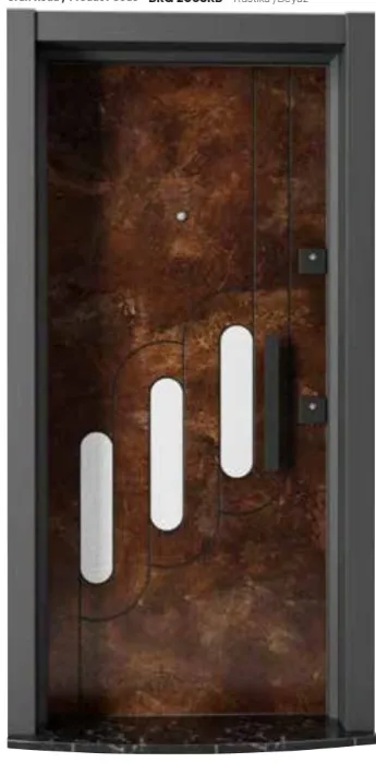 Brown Mottled Exterior Door with Three Vertical Inset Panels and Pull Handle