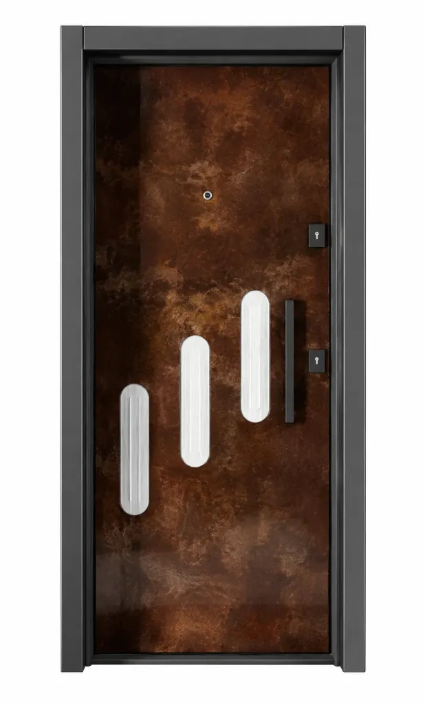Brown Mottled Exterior Door with Three Vertical Inset Panels and Pull Handle