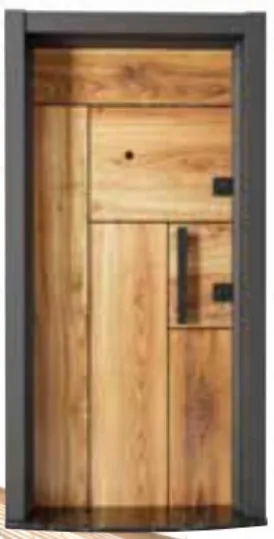 Porte extérieure Laminox série aspect bois avec cadre foncé et poignée tirante
