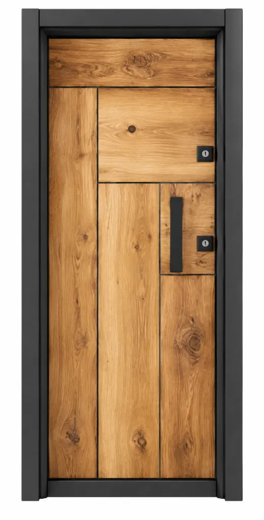 Porte extérieure Laminox série aspect bois avec cadre foncé et poignée tirante