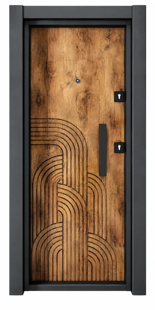 Porte extérieure Laminox série effet bois brun avec design à lignes géométriques