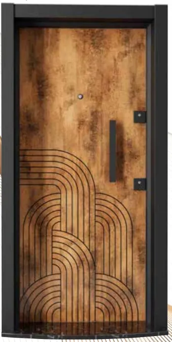 Porte extérieure Laminox série effet bois brun avec design à lignes géométriques
