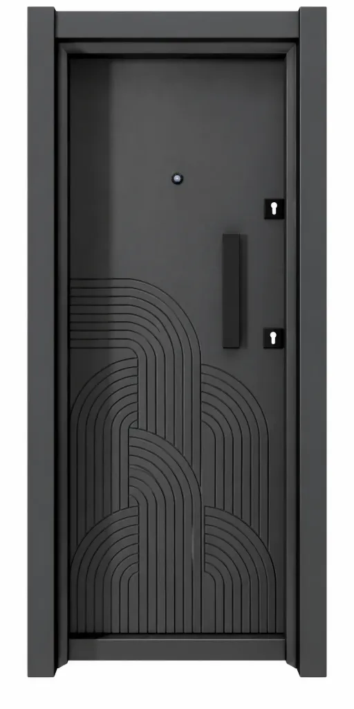 Porte extérieure Laminox Série Gris Foncé avec Poignée Verticale et Motif d'Arche Rainurée
