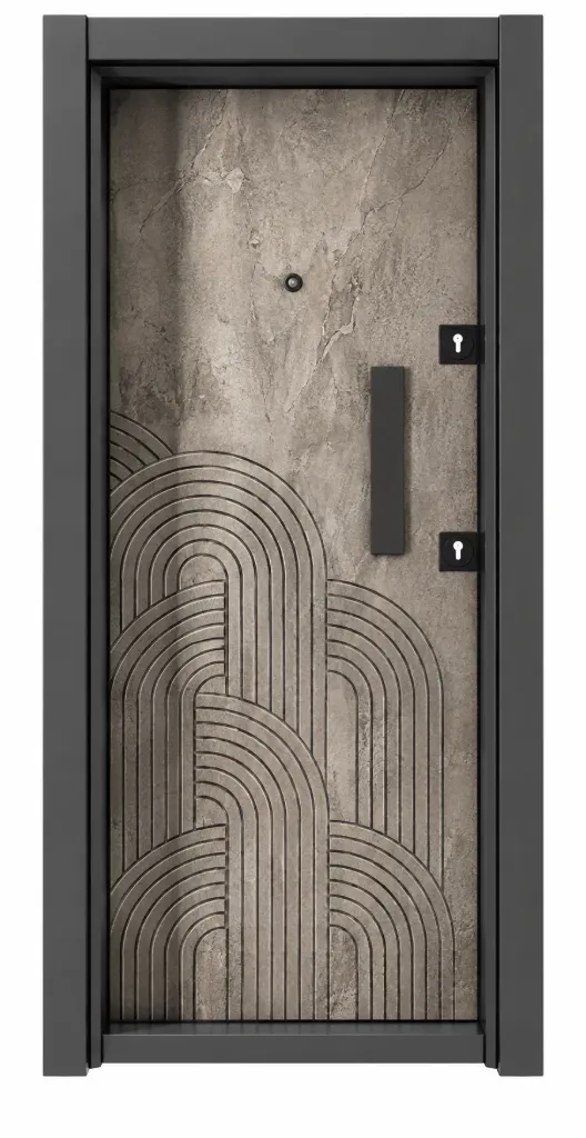 Laminox Series Geometric Pattern Exterior Door with Vertical Pull Handle