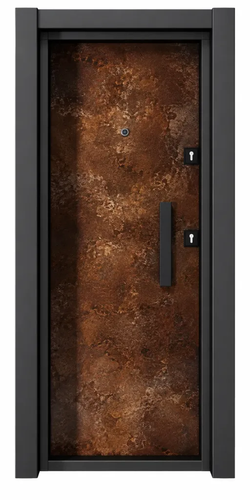 Laminox Series Brown Wood-Look Exterior Door with Vertical Pull Handle