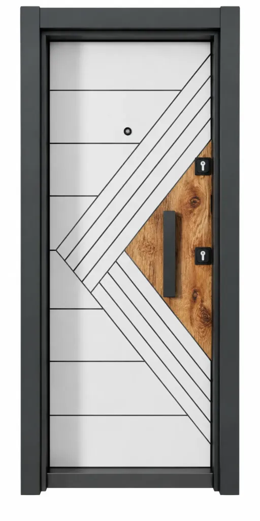 Porte extérieure géométrique de la série Laminox avec accent aspect bois