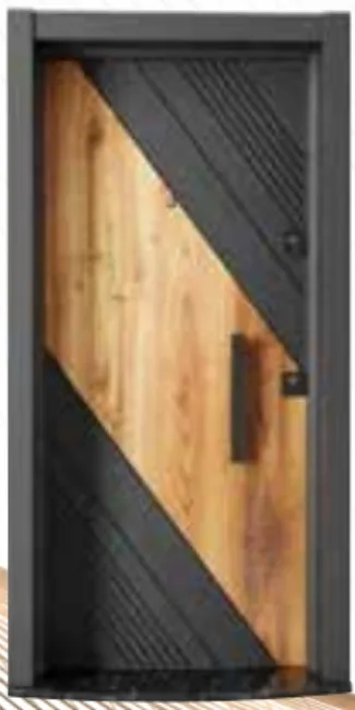 Laminox Series Exterior Door with Diagonal Wood-Look Panel and Dark Grooved Design