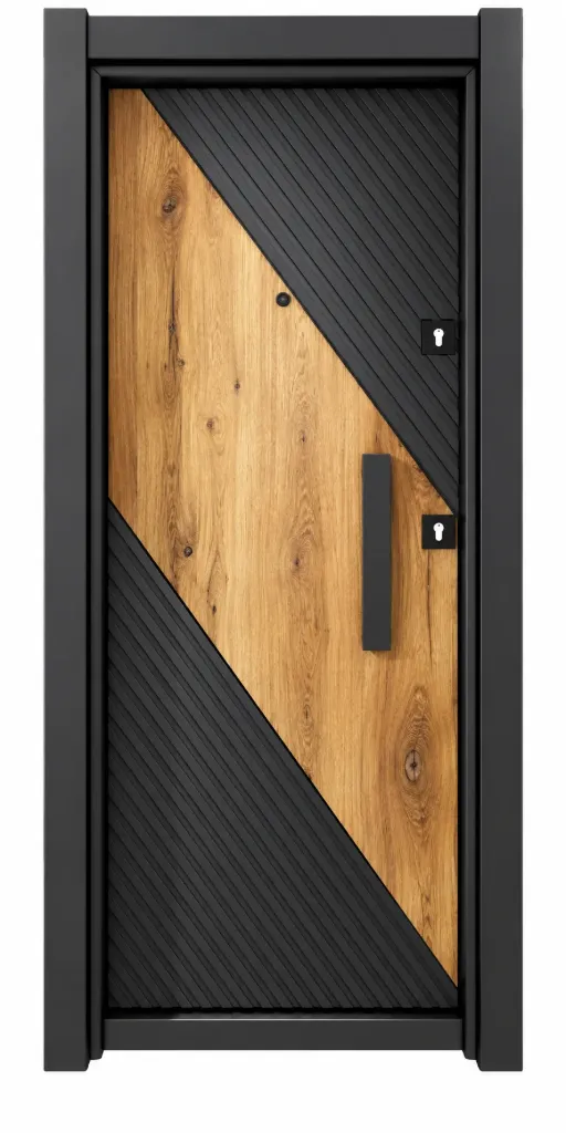 Laminox Series Exterior Door with Diagonal Wood-Look Panel and Dark Grooved Design