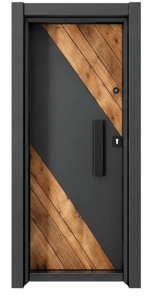 Porte extérieure Laminox Série gris foncé et effet bois à panneaux diagonaux