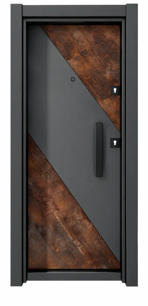 Laminox Series Exterior Door with Diagonal Grey and Wood-Look Design