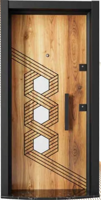 Laminox Series Wood-Look Geometric Exterior Door with Black Pull Handle