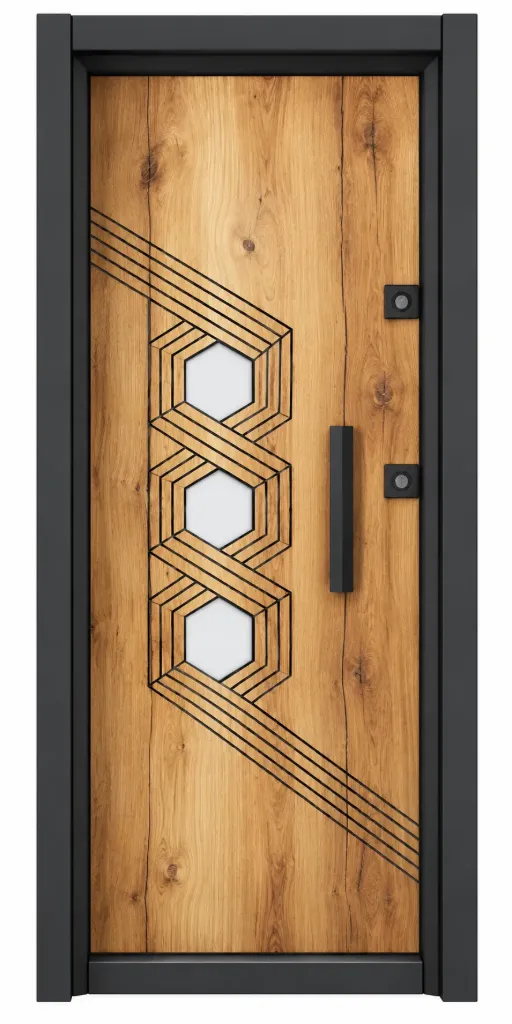 Porte extérieure géométrique aspect bois série Laminox avec poignée noire