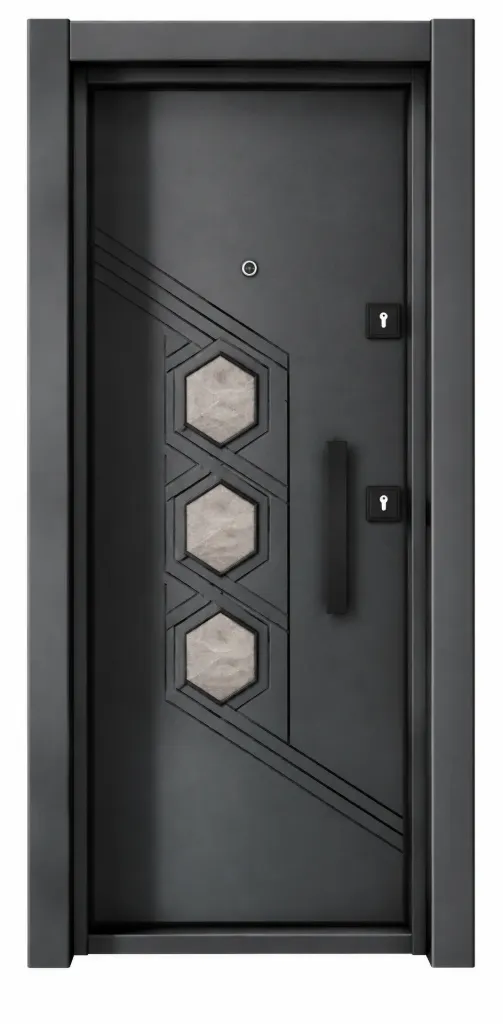 Porte extérieure géométrique noire de la série Laminox avec poignée verticale