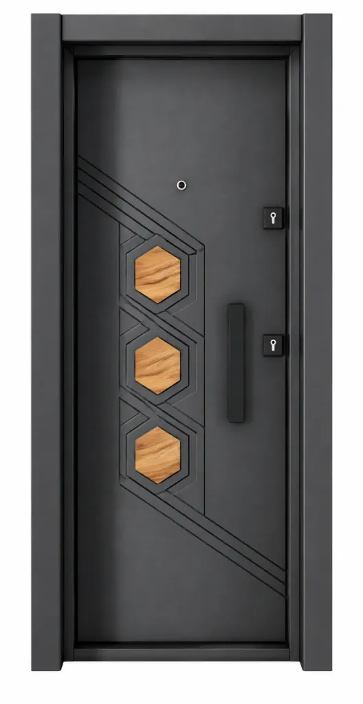 Porte extérieure noire de la série Laminox avec accents hexagonaux géométriques