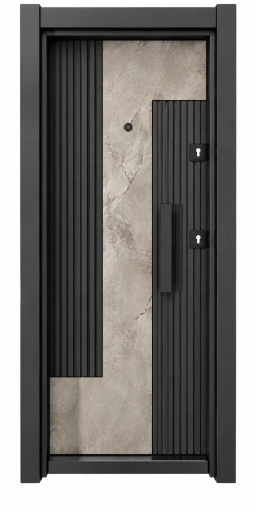 Laminox Series Exterior Door with Marble-Effect Center Panel and Black Slatted Design