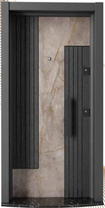Laminox Series Exterior Door with Marble-Effect Center Panel and Black Slatted Design
