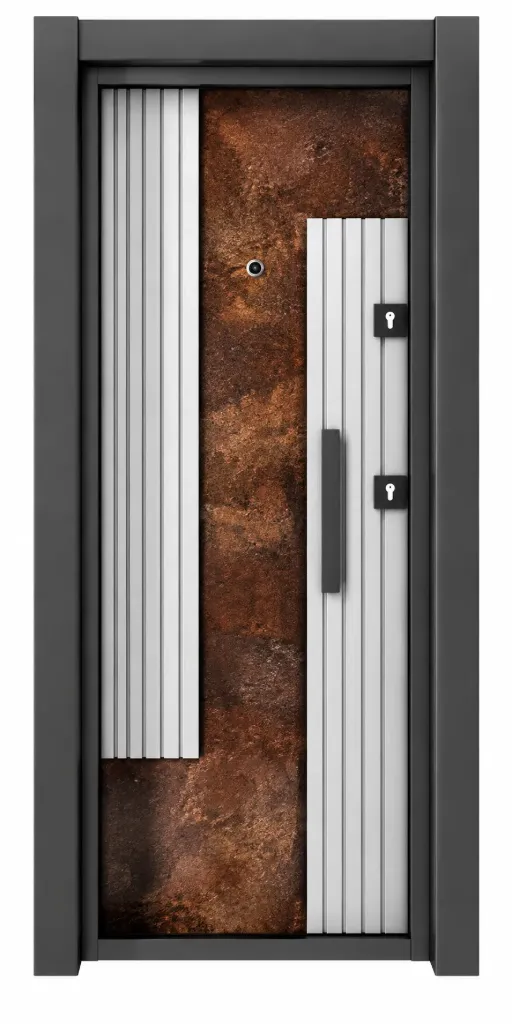 Laminox Series Brown and Grey Striped Exterior Door with Black Handle