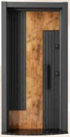 Porte extérieure série Laminox avec panneaux verticaux foncés et insert aspect bois